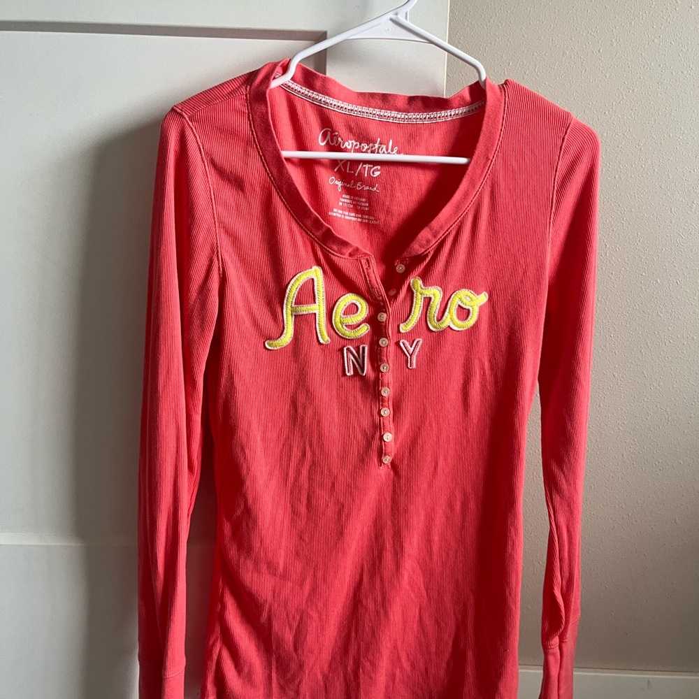 Aeropostale Coral Long Sleeve Tee with Yellow Lettering